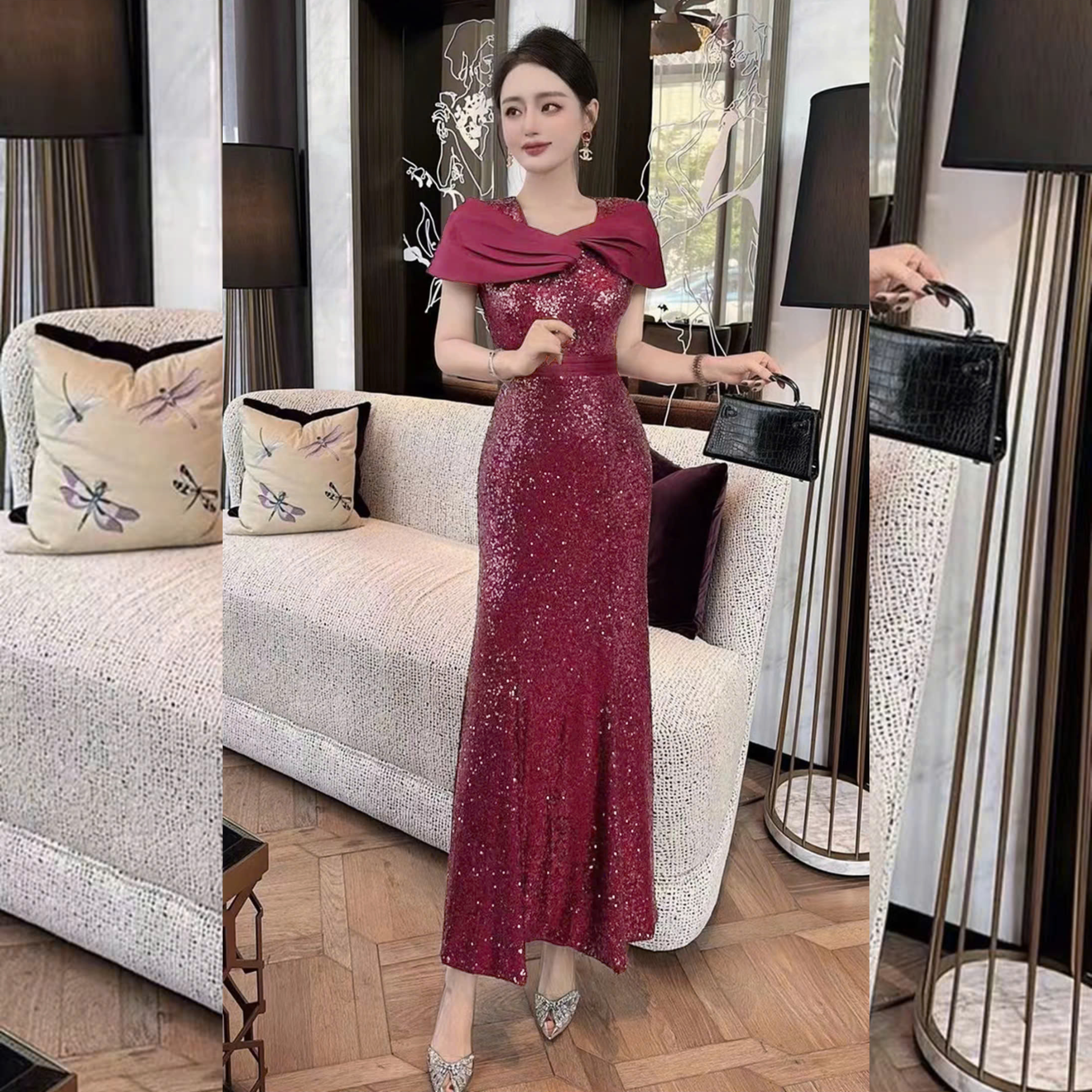 Đầm dự tiệc dạ hội kim sa phối nơ cách điệu_thumbnail_4