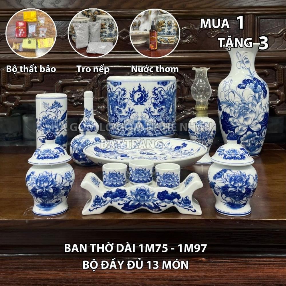 HG032 Đồ Thờ Cúng Bộ 13 món ban thờ 1M75 - 1M97 Men trắng nghệ nhân Bát Tràng chế tác TẶNG Thất Bảo, Tro Nếp