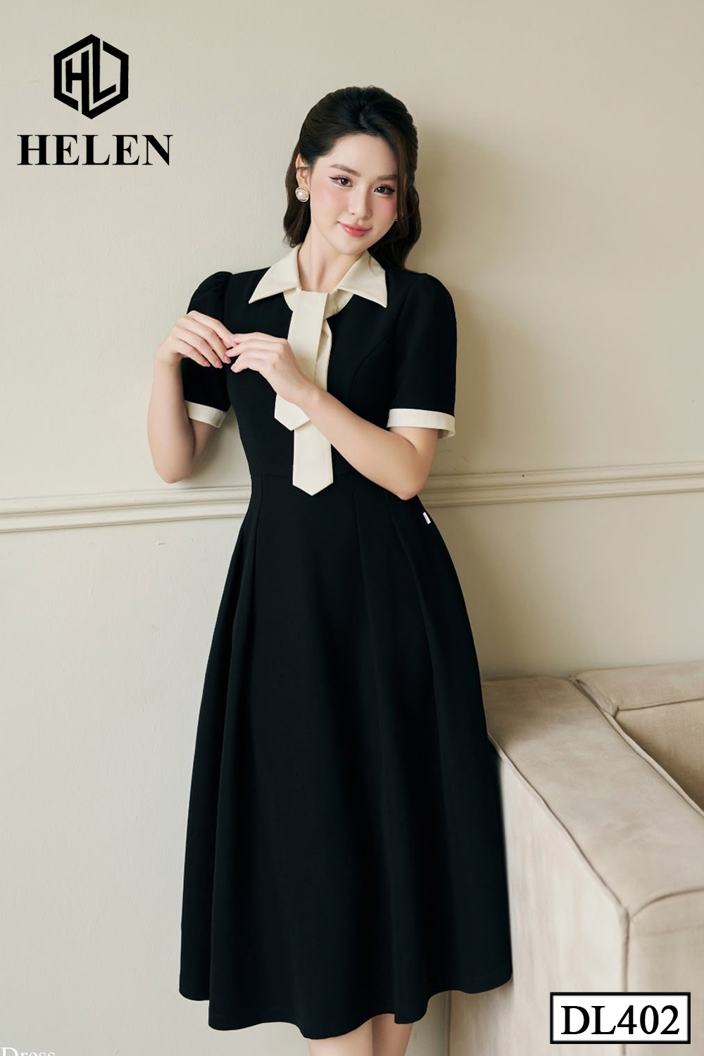 Đầm xòe đen phối be cổ cách điệu DL402
