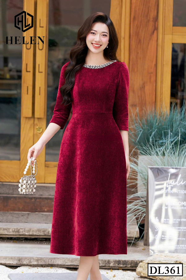 Đầm xòe nhung đỏ cổ đính ren DL361