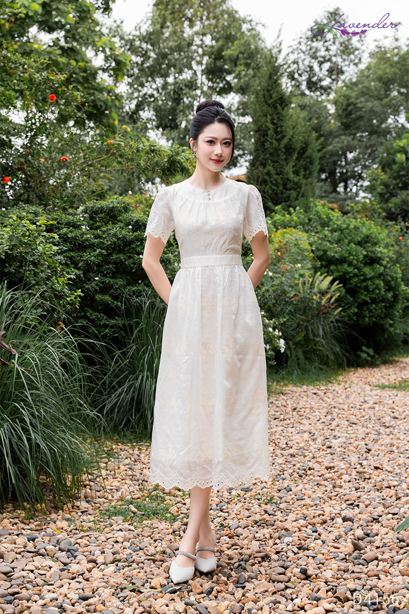 Đầm vải thô trắng cổ tròn phối ren tay ngắn D4156_thumbnail_4