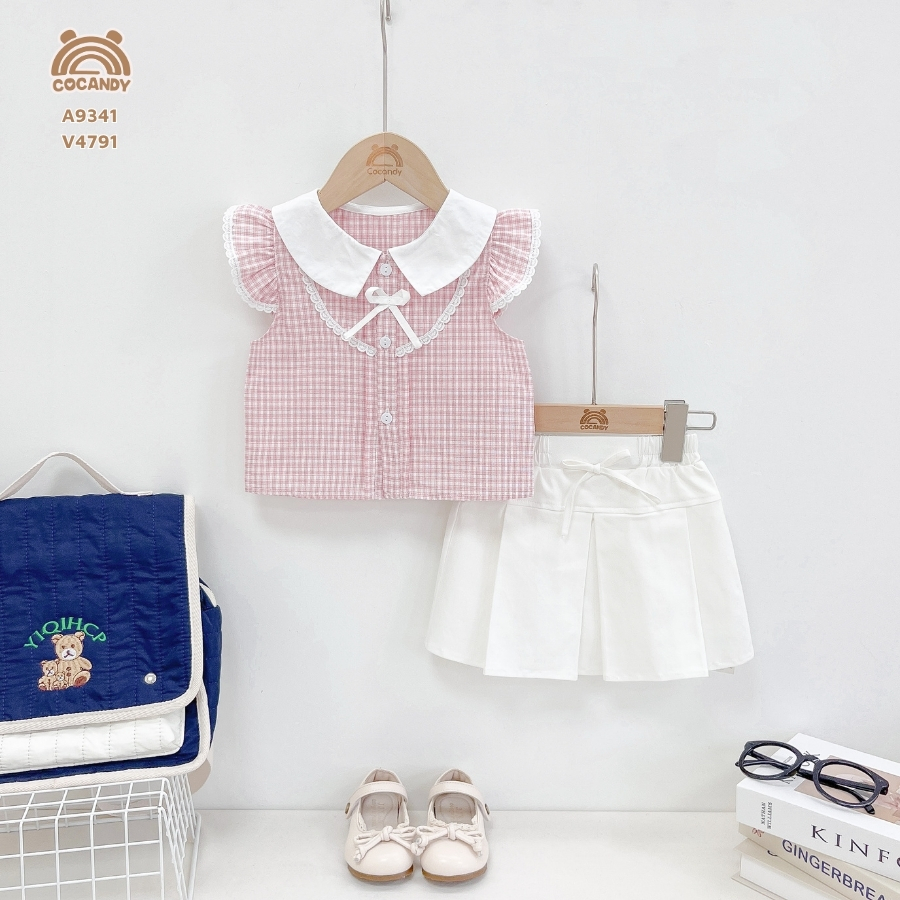 Áo cộc caro HỒNG tay cánh tiên cổ nẹp tròn