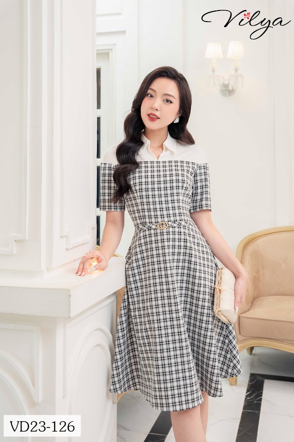 Đầm xòe kẻ caro phối trắng