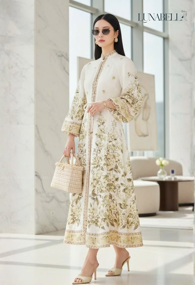 Đầm tay kiểu VALENCIA in hoa màu KEM