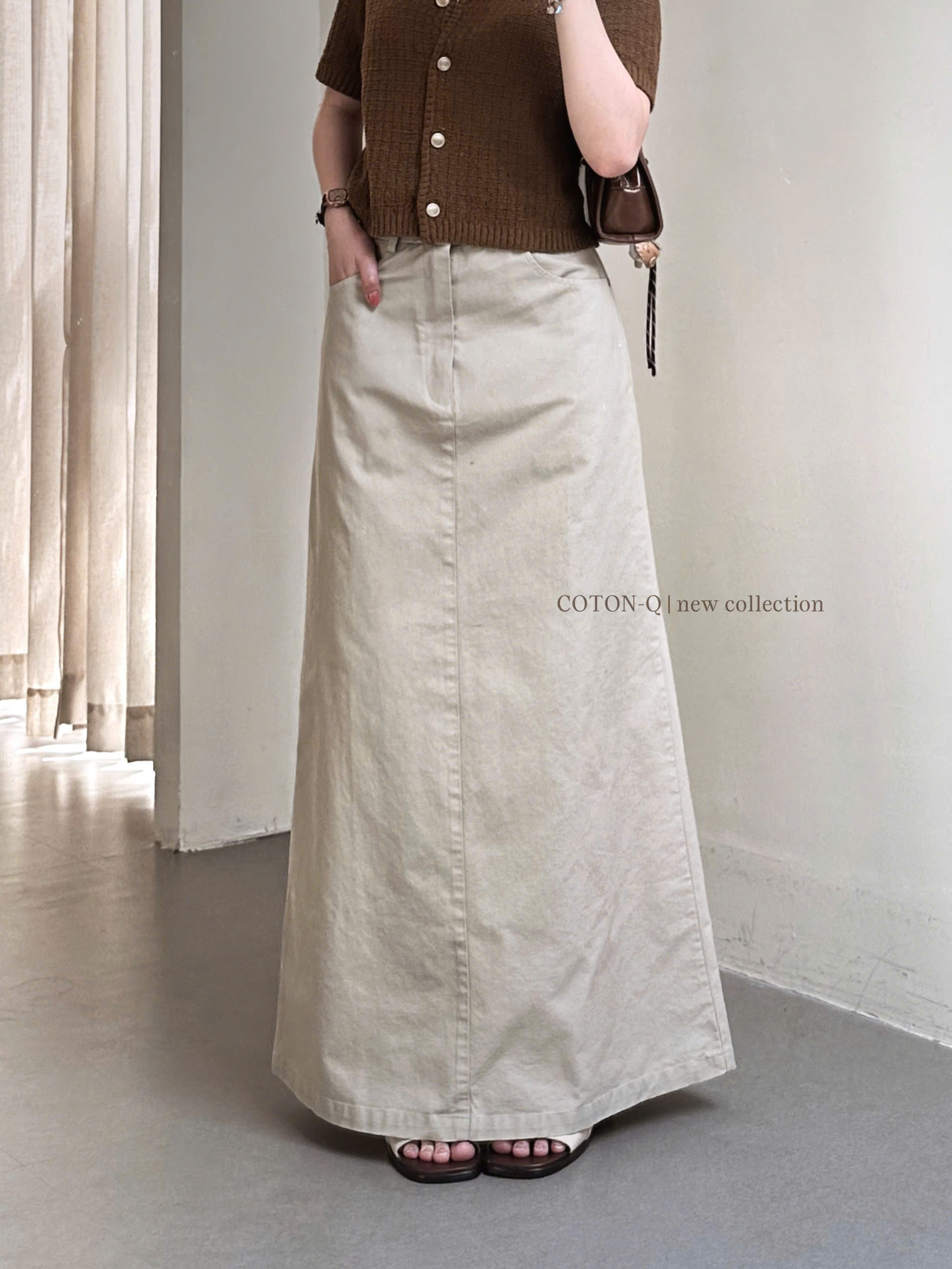 Chân váy dài Coton Q kaki xẻ sau ( BE )_thumbnail_10