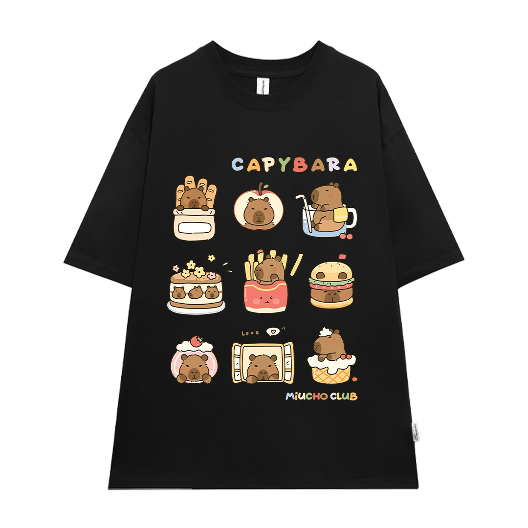 Áo thun chuột Capybara form rộng local brand ATD1224 Miucho tay ngắn vải cotton thoáng mát cổ tòn in mix_thumbnail_12