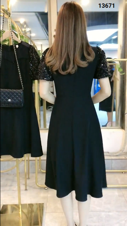 13671-Đầm xòe chữ A phối tay phồng kim sa (thun lụa, khóa sau)_thumbnail_2