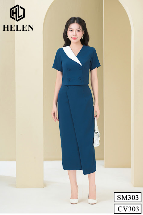 SET sơ mi phối cổ trắng + chân váy ôm màu xanh đính cúc bọc SET303CV