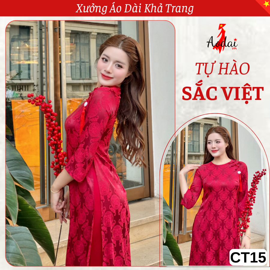 Bộ Áo dài Cách Tân CT15 Gấm Thọ Rơi màu Đỏ Đô Cổ Tròn Tay Lỡ_thumbnail_4