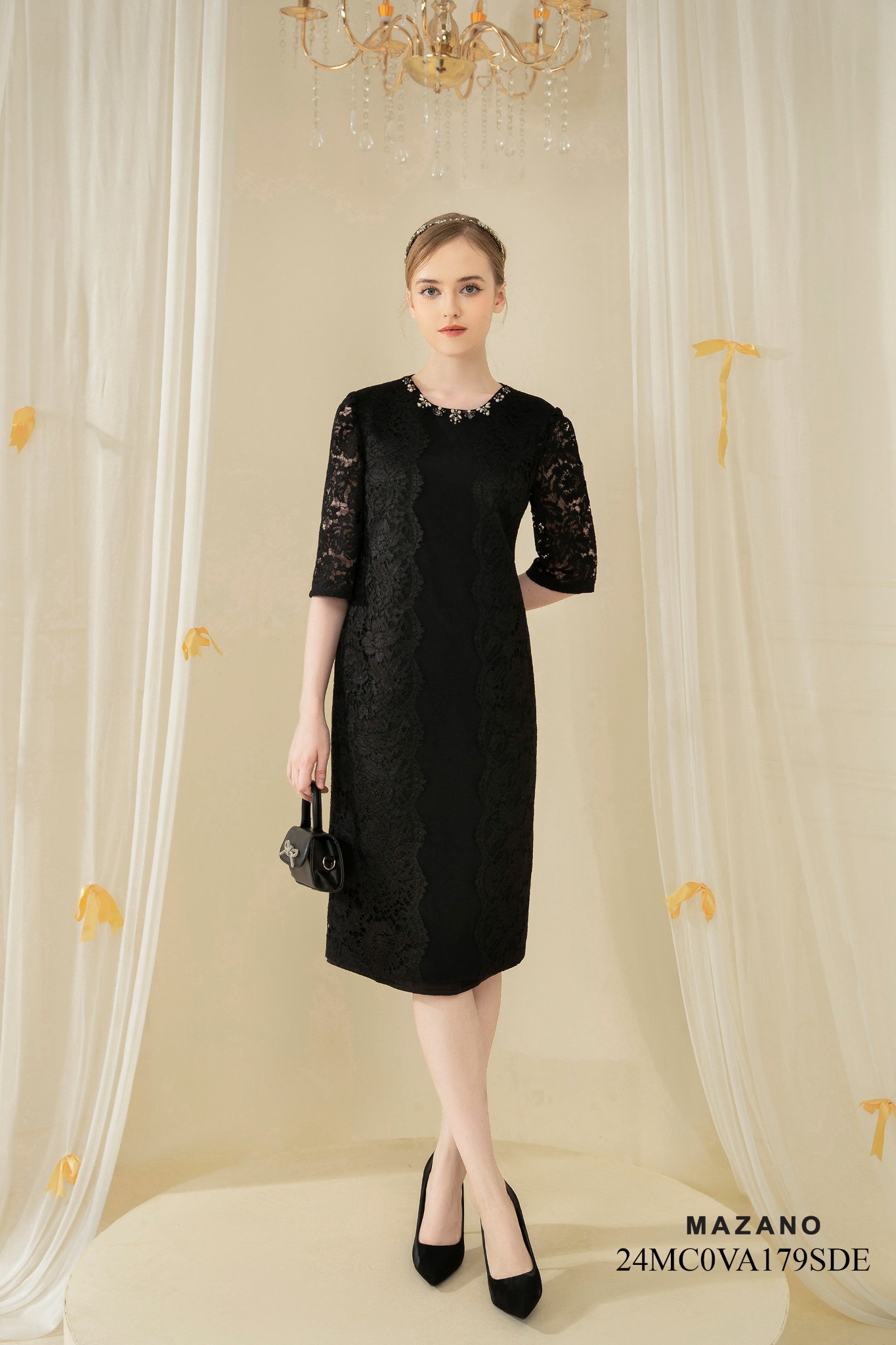 Váy Đầm suông Vải Thô phối Ren trang trí Cổ tròn đính đá Dài tới bắp chân