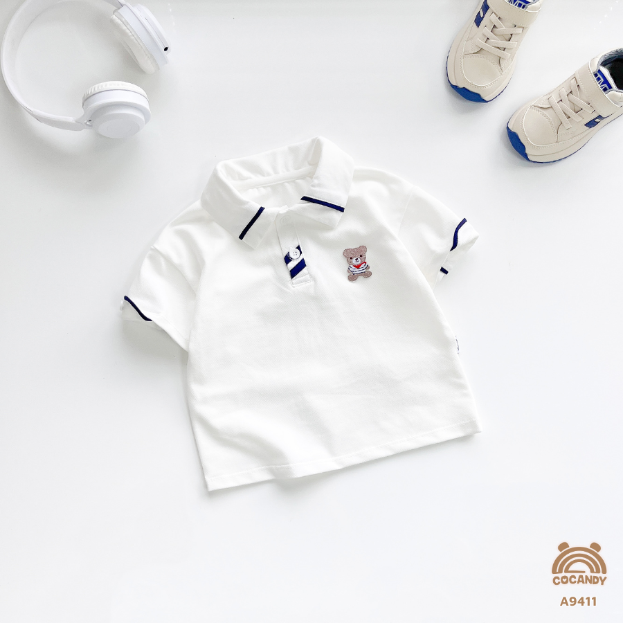 Áo cộc TRẮNG polo viền cổ xanh than thêu gấu_thumbnail_1