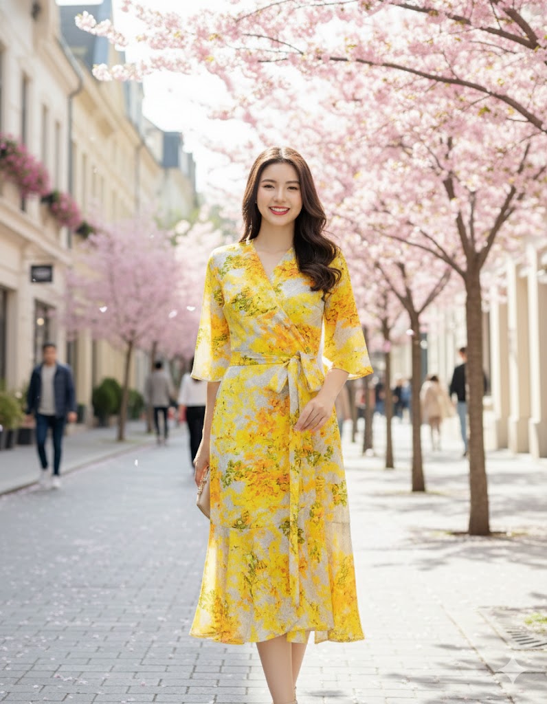 Đầm họa tiết cổ V đuôi cá kiểu đắp chéo cột eo