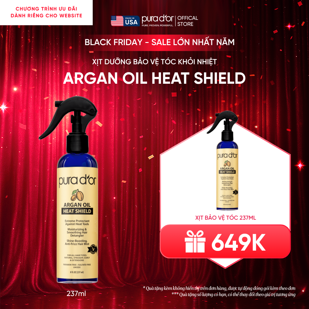 Xịt Dưỡng Giúp Bảo Vệ Tóc Khỏi Nhiệt Pura D'or Argan Oil Heat Shield Chiết Xuất Thiên Nhiên 237ml