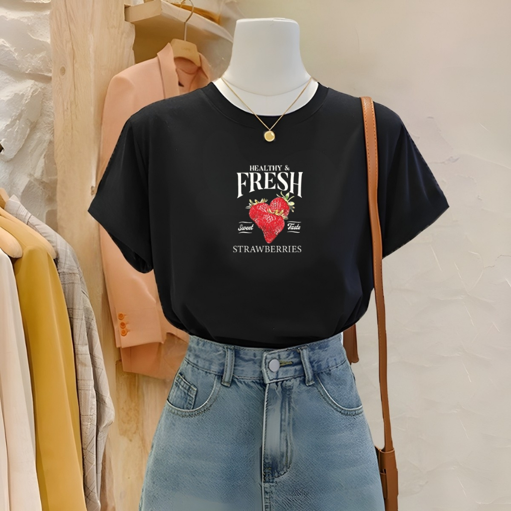 [Form Vừa] Áo phông nữ LOZA màu đen BST Hoa quả summer 2025 chất liệu thun cotton 4 chiều mát mẻ - Mã G0407_thumbnail_1