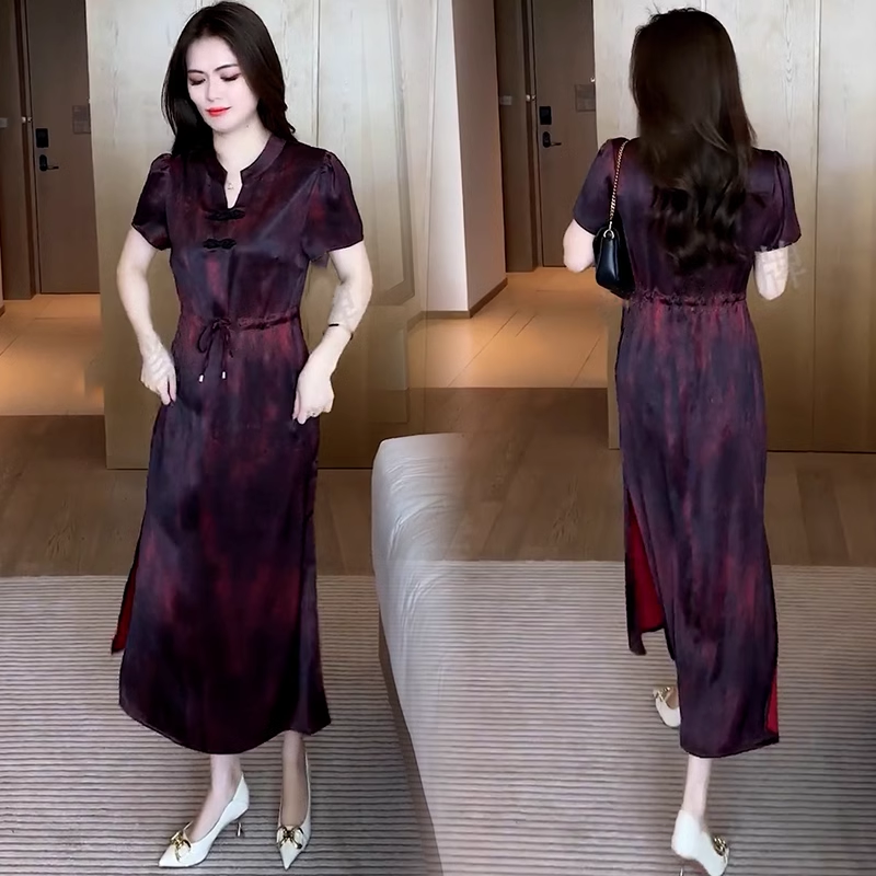 15666-Đầm suông cổ tàu eo thắt dây rút màu loang đỏ đen ( lụa)_thumbnail_1