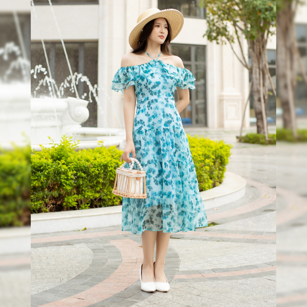 Đầm maxi hoa trễ vai bèo cột nơ xinh xắn 2in1