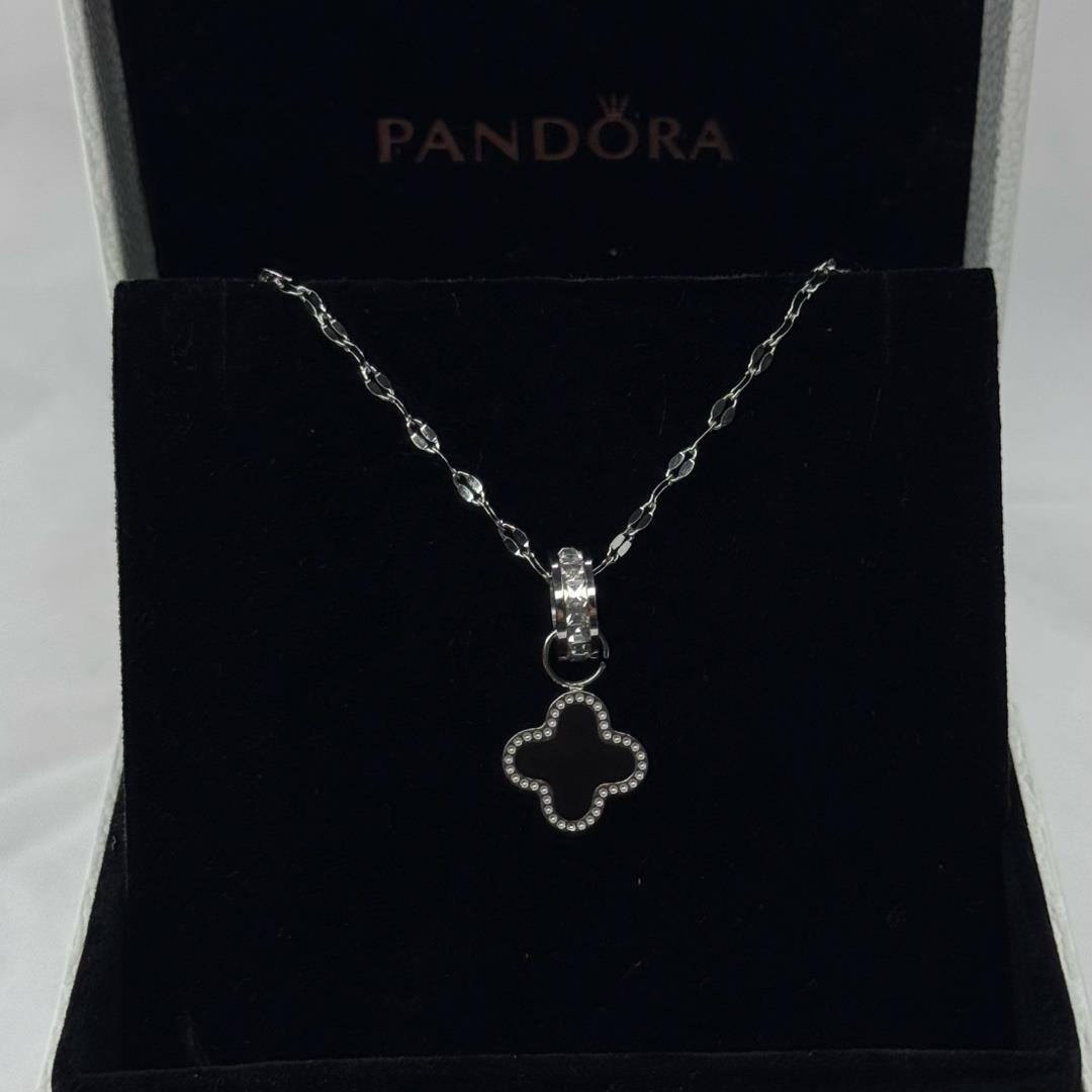 vòng cổ titan charm vòng kim cương cỏ ba lá van cleef đen _thumbnail_1