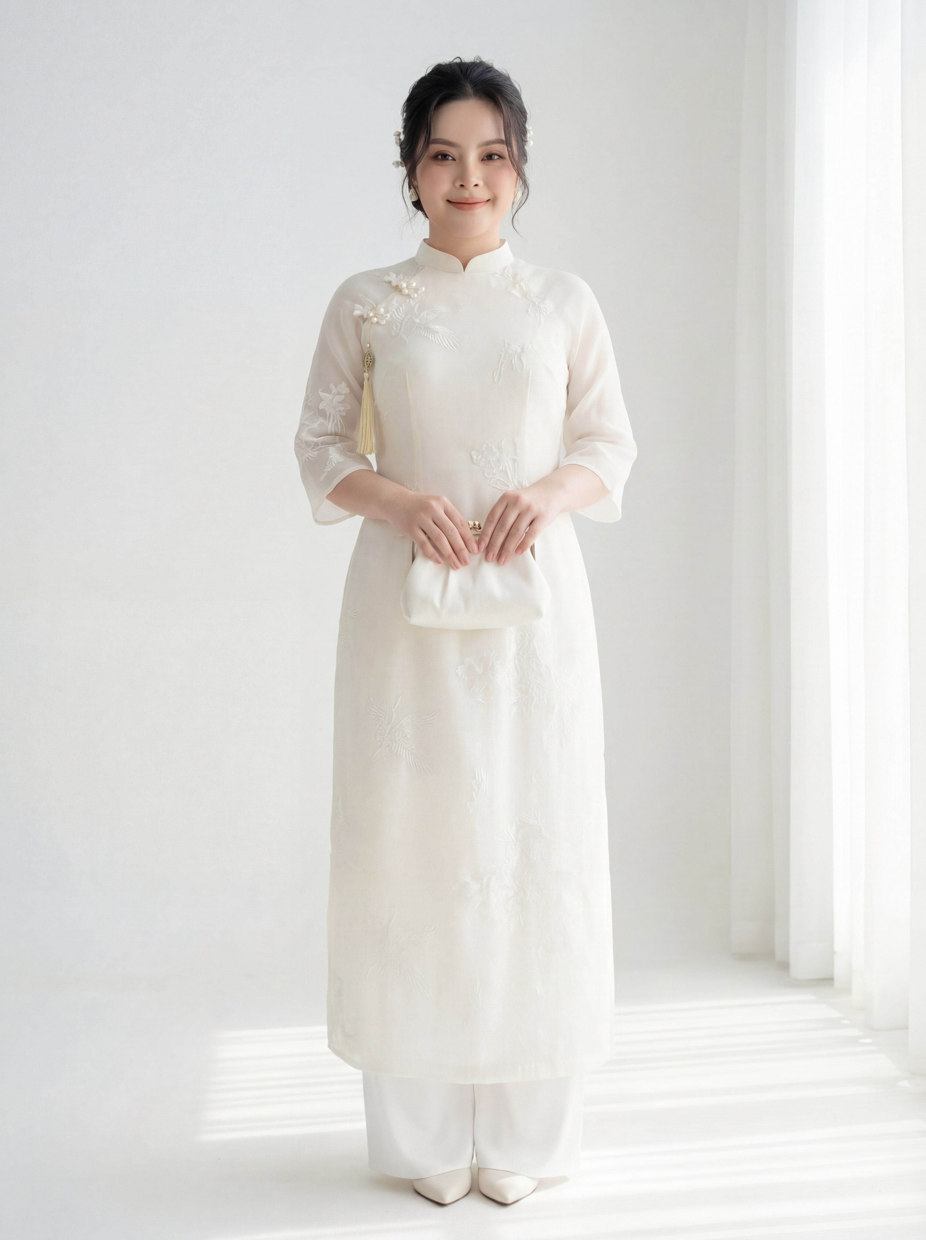 BIGSIZE NỮ - Sét áo dài hạc phối phụ kiện V- AD029