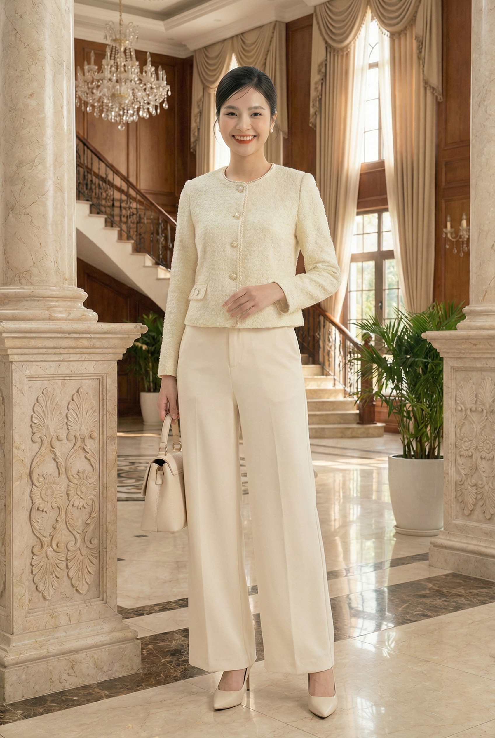 Áo khoác ngắn Suông Vải ren len Cổ tròn kẹp dây trai trang tri s Dài dưới eo_thumbnail_4