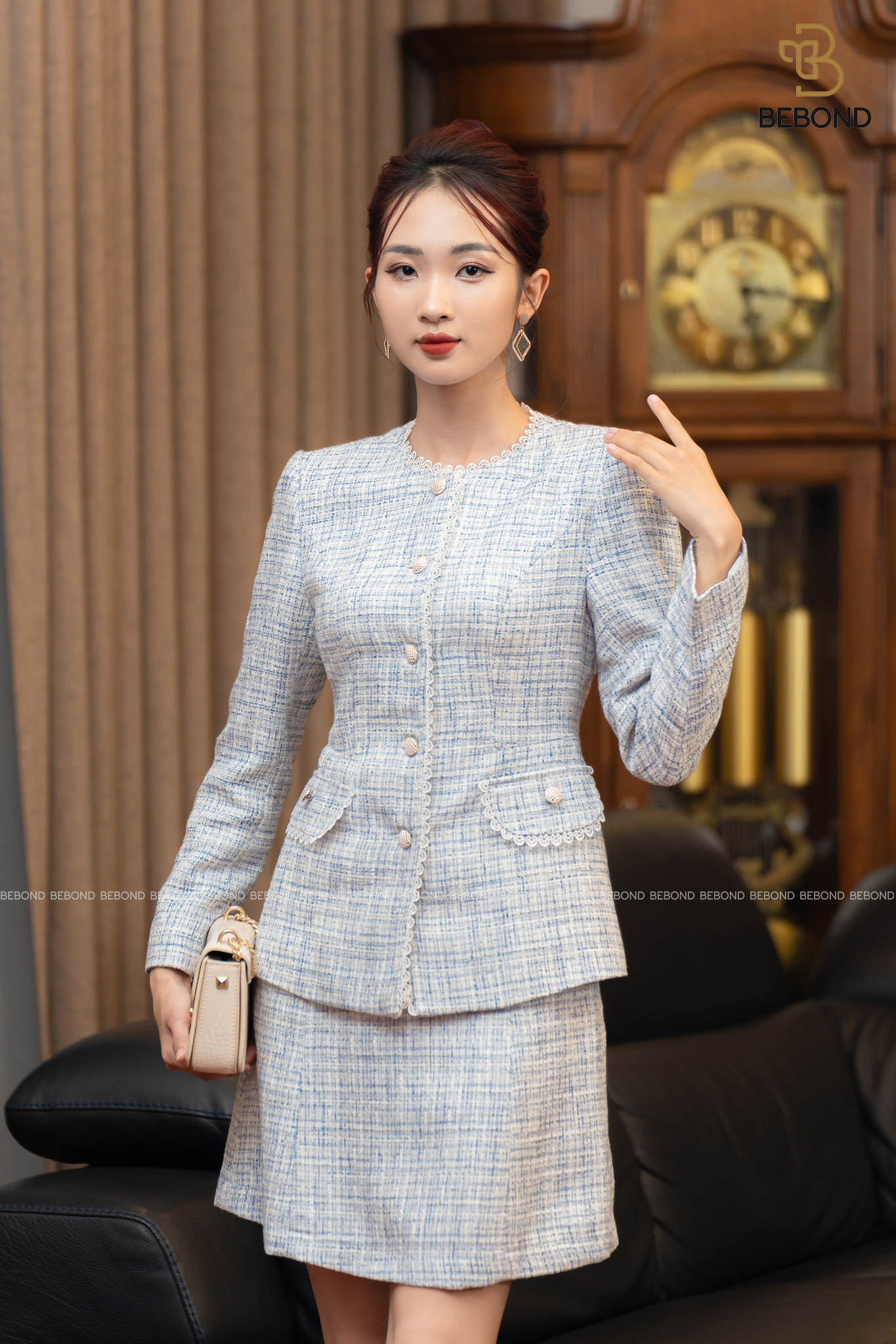 Aó Vest dạ kẻ xanh thiên thanh - Hilary Set