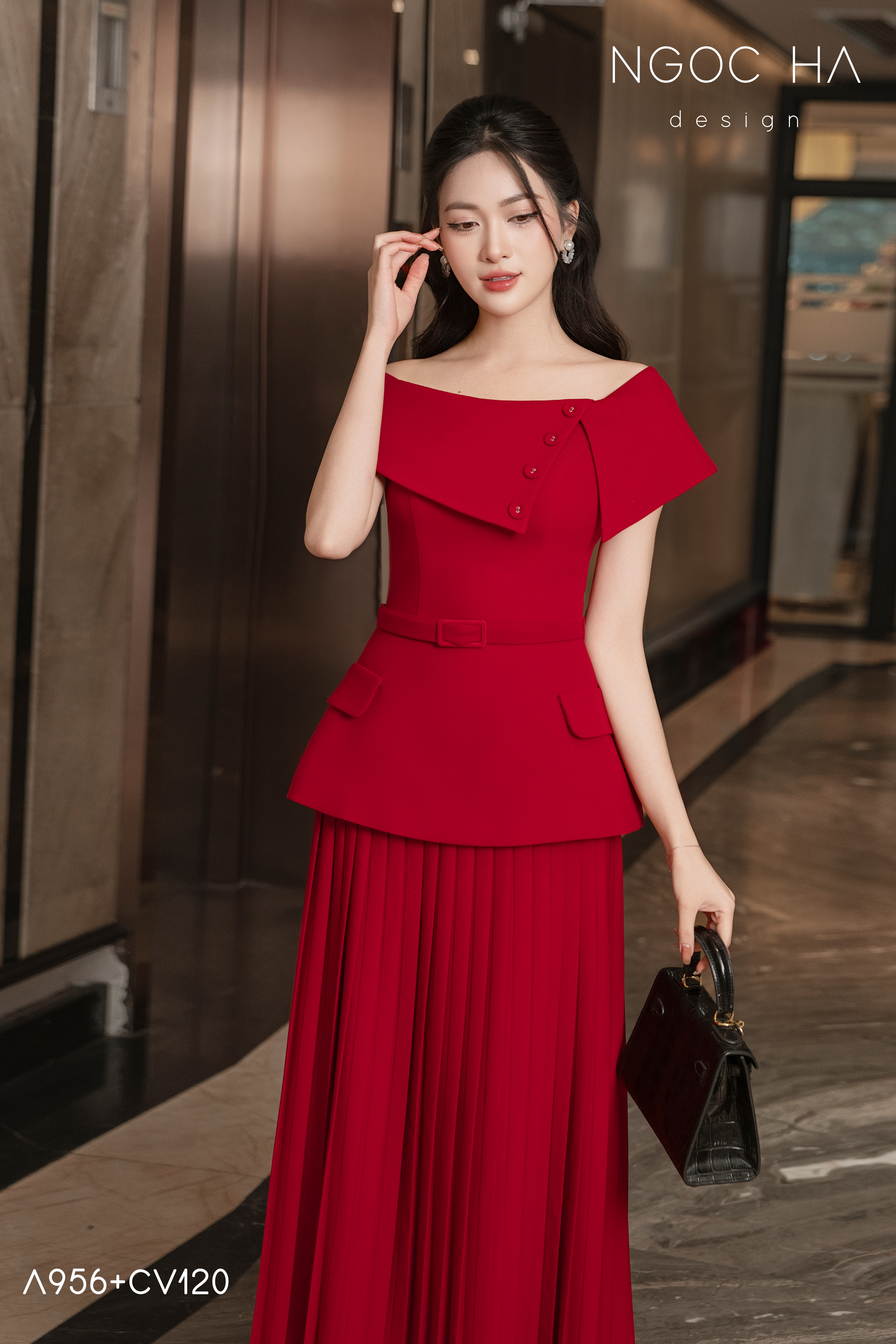 Joylie Set - Áo Peplum Trễ Vai, Chân Váy Rập Ly A956+CV120_thumbnail_4