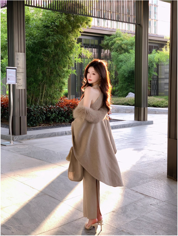 Áo Choàng & Đầm Len Dệt Kim Màu Kaki Phong Cách Pháp_thumbnail_4