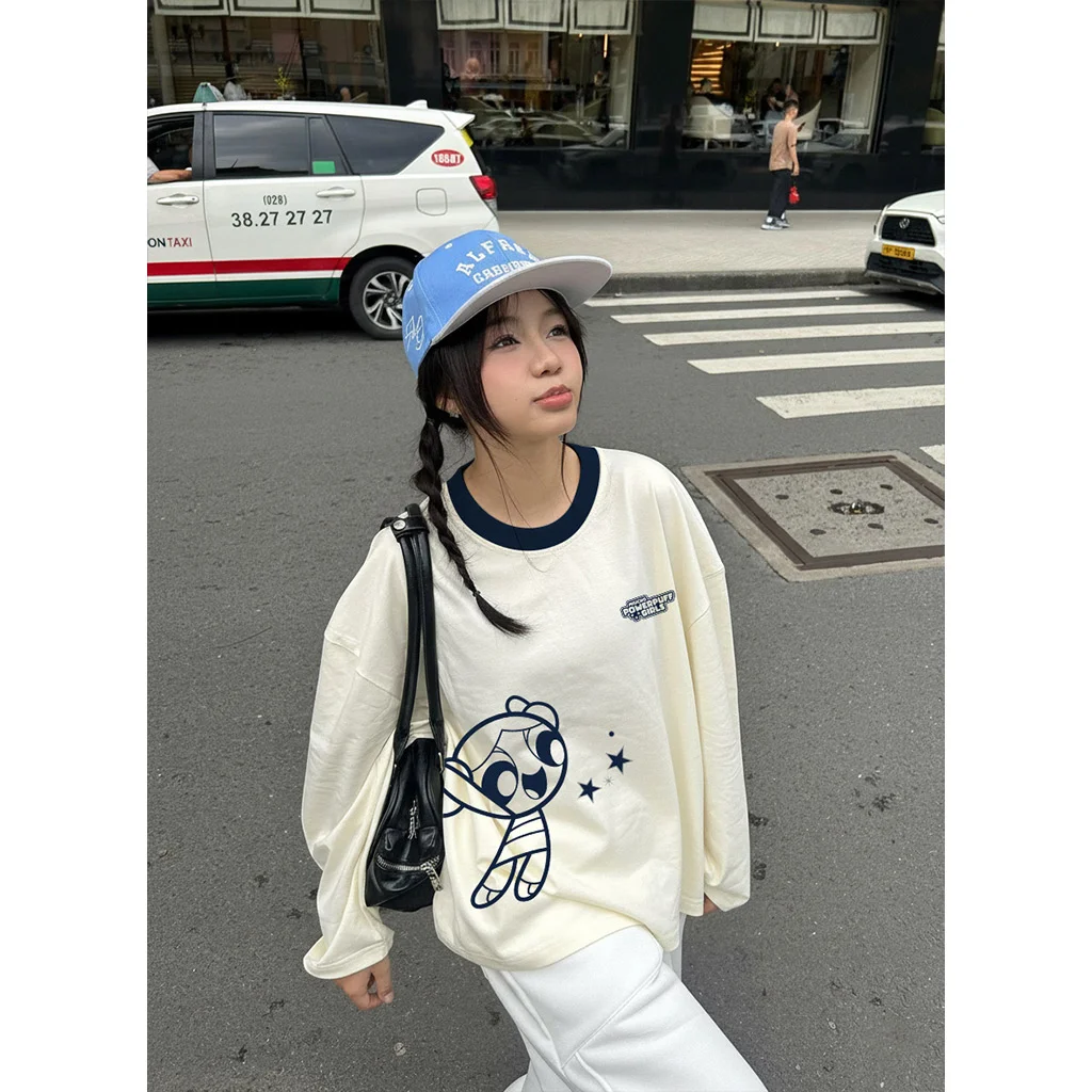 Áo thun boxy tay dài Miucho chất vải thoáng mát giữ form Powerpuff Girl phối cổ mix màu xanh đen 2815_thumbnail_4