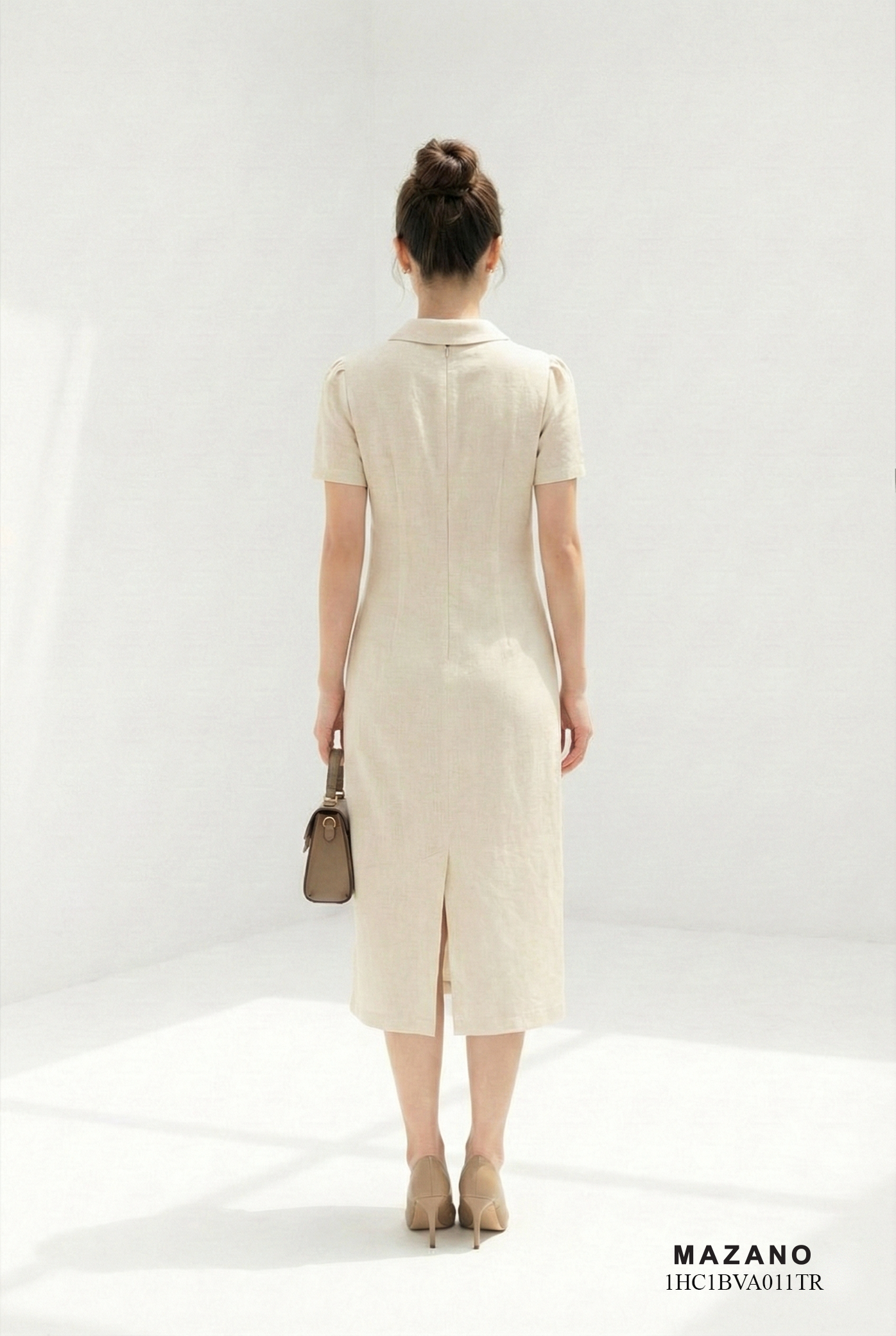 Đầm vải thô pha linen trắng kem dáng suông cổ sơ mi tay ngắn thiết kế MAZANO 1HC1BVA011TR_thumbnail_6