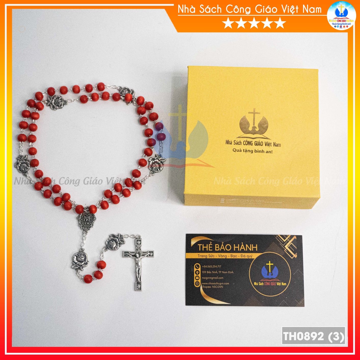 Chuỗi Mân Côi 50 hạt hoa hồng 6mm, hạt đỏ + thánh giá Italy – TH0892