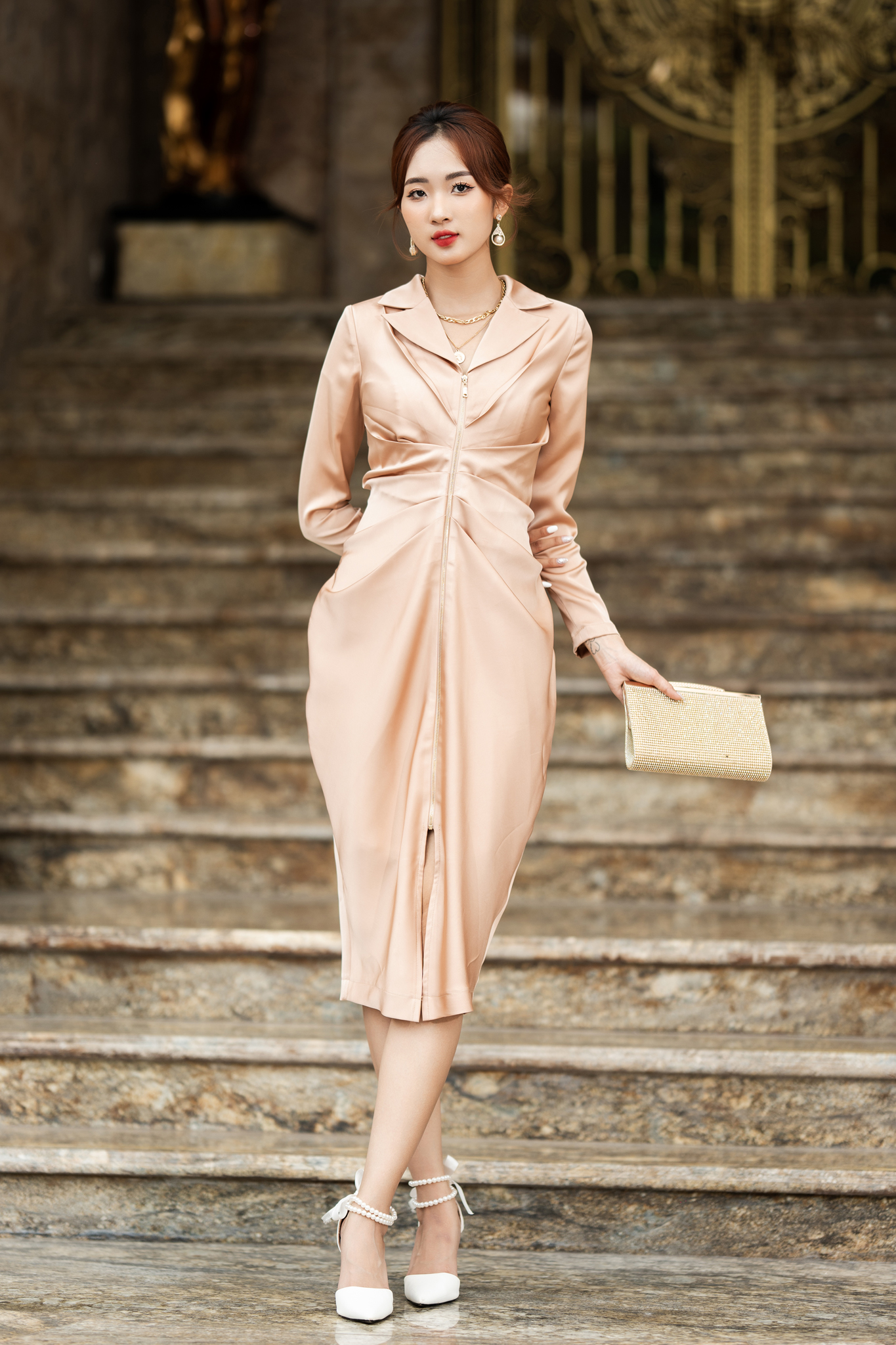 ĐẦM ĐI TIỆC MÀU CACAO DÀI TAY- MELY DRESS