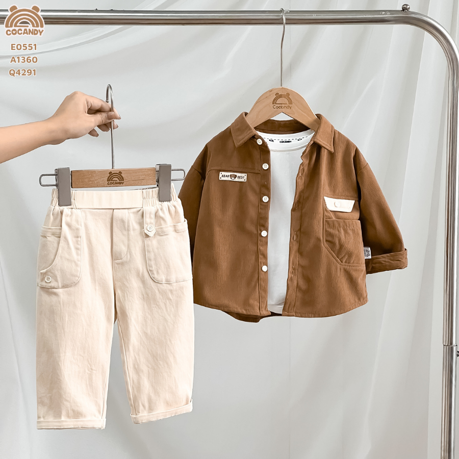 Áo dài sơ mi NÂU  phối BE  nhung tăm_thumbnail_1