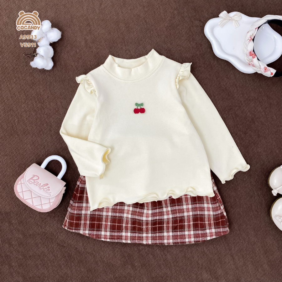 Áo dài BE ĐẬM bèo sóng phối cherry