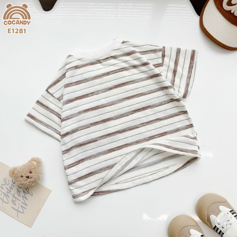 Áo cộc cotton kẻ NÂU BE phối túi ngực hòm thư_thumbnail_3