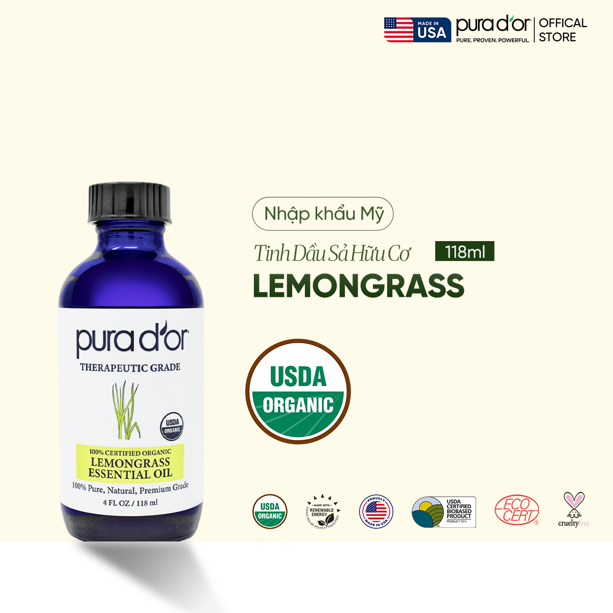 Tinh Dầu Sả Hữu Cơ PURA D’OR Therapeutic Grade Lemongrass Essential Oil 118ml_thumbnail_0