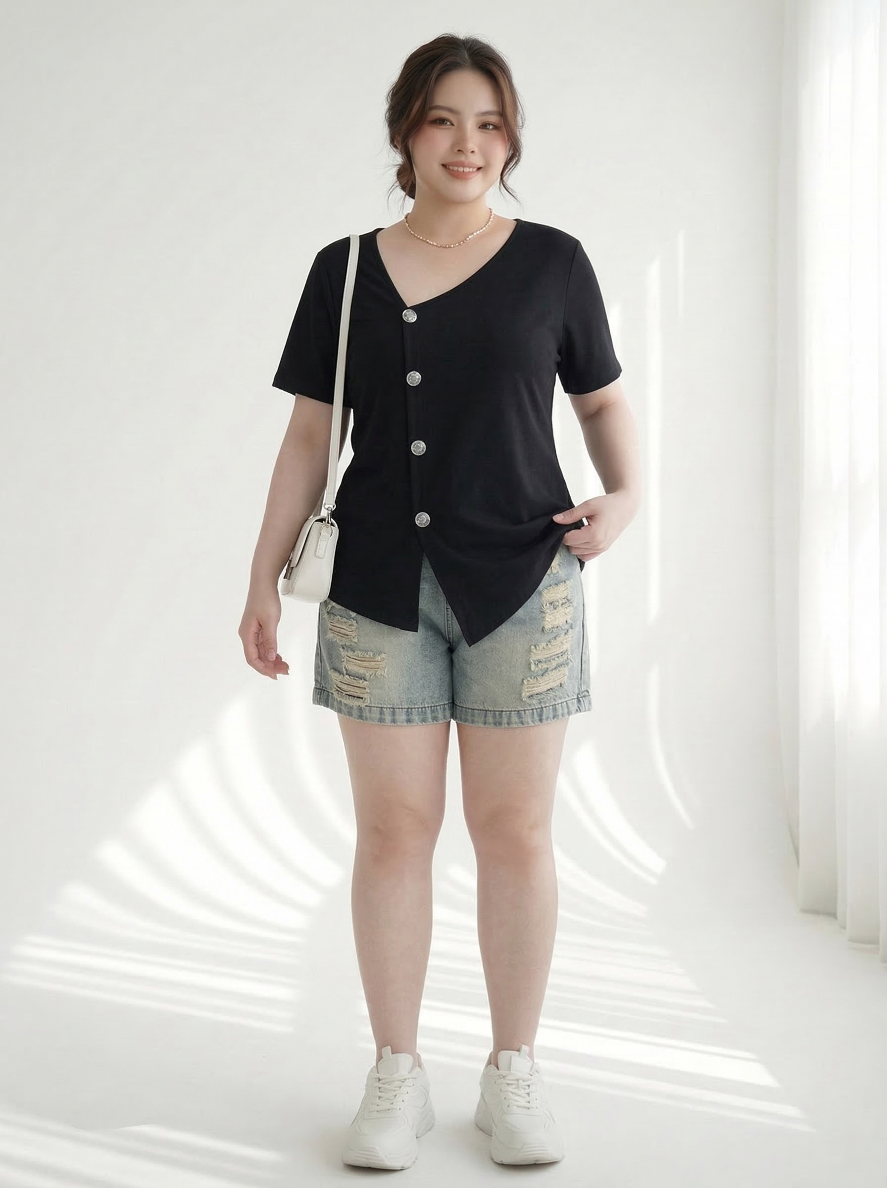 BIGSIZE - Áo thun tà lệch phối nút AT9106