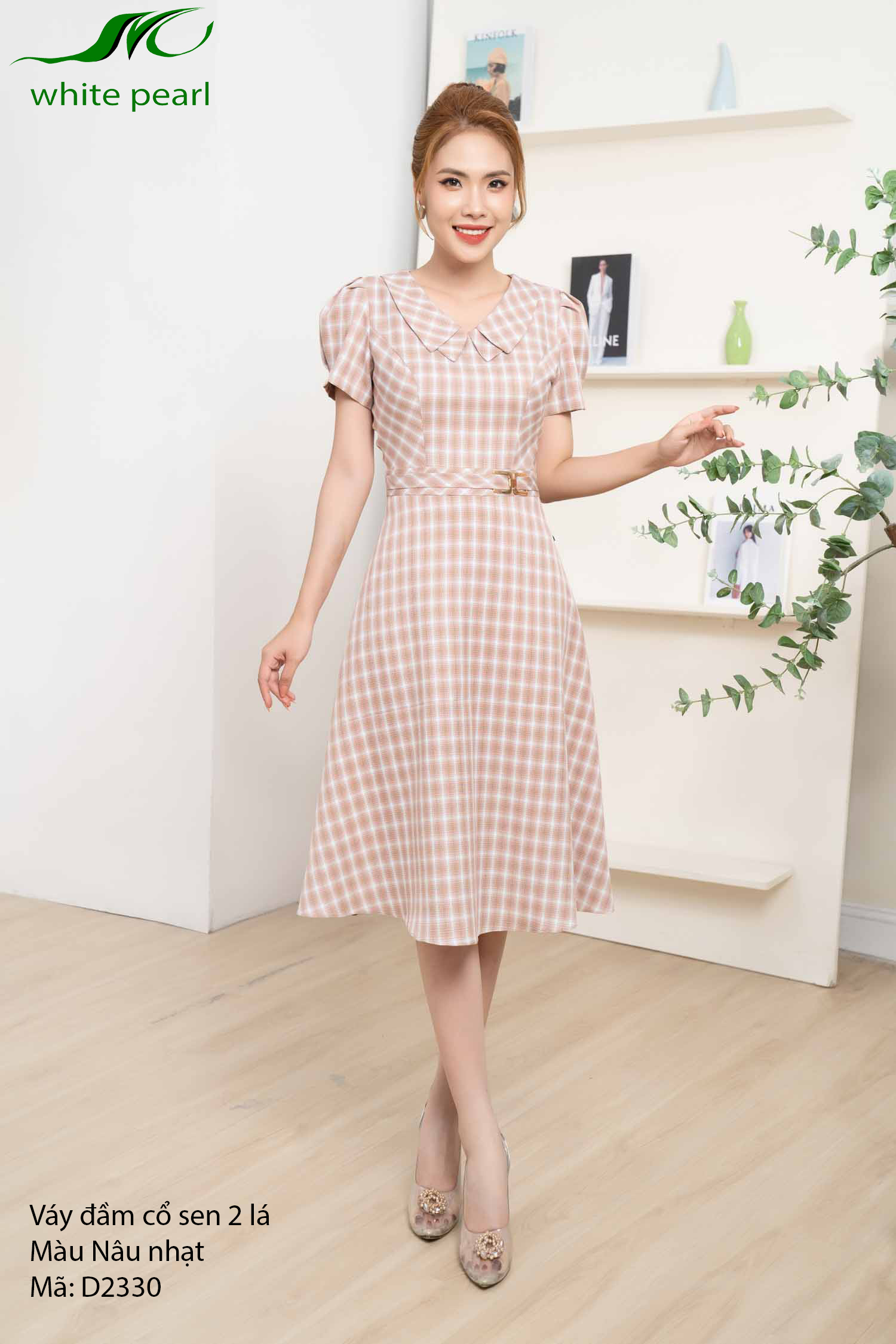 Đầm sen vuông 2 lá kẻ thời trang công sở cao cấp White Pearl_thumbnail_9