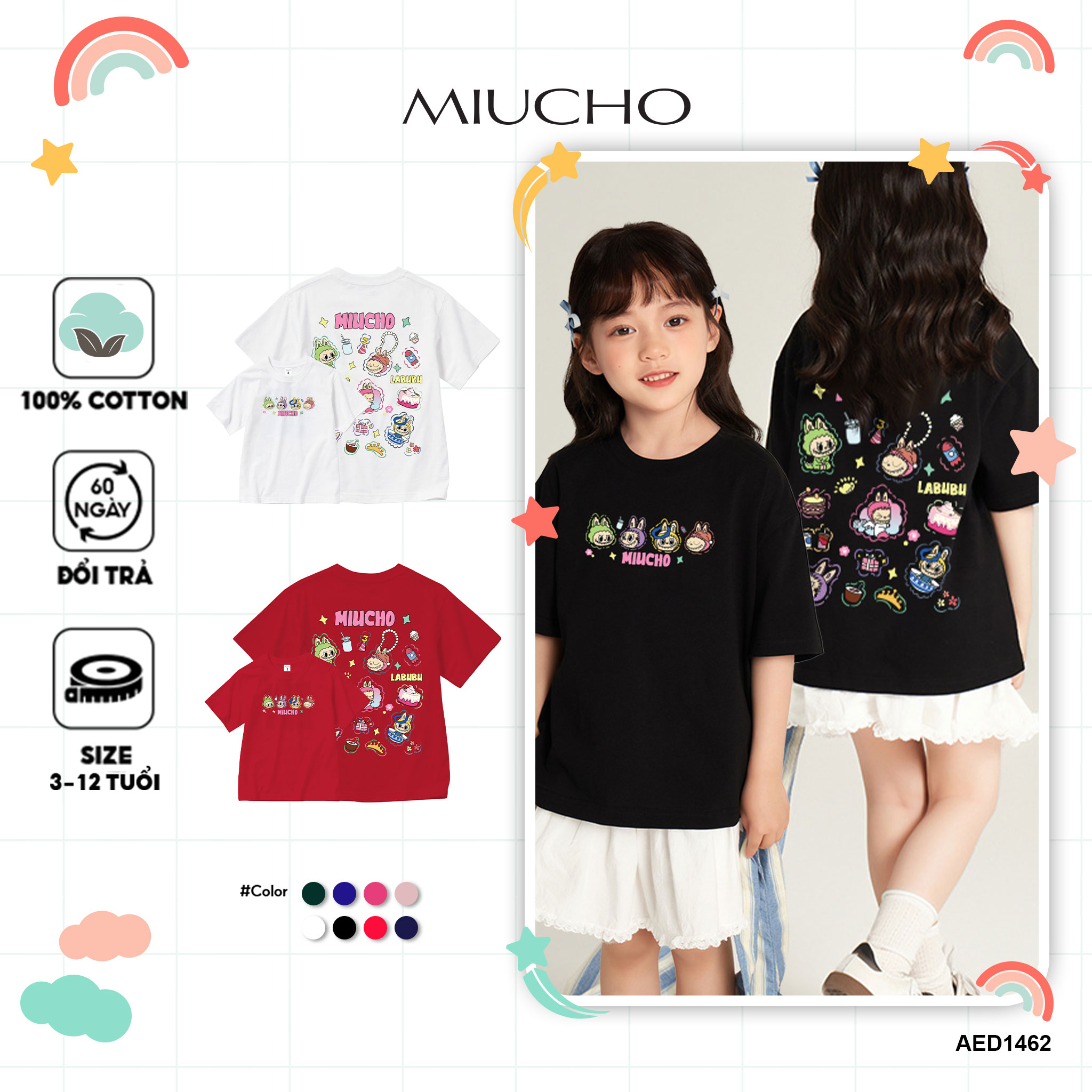 Áo thun bé gái labubu dễ thương nhiều màu sắc AED1462 Miucho Kid vải cotton thoáng mát cổ tròn in artwork