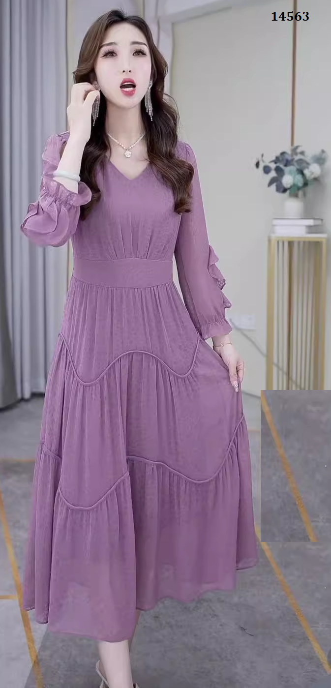14563-Đầm tím tay  dài tà dợn sóng cách điệu ( voan tơ xước, lót)_thumbnail_1