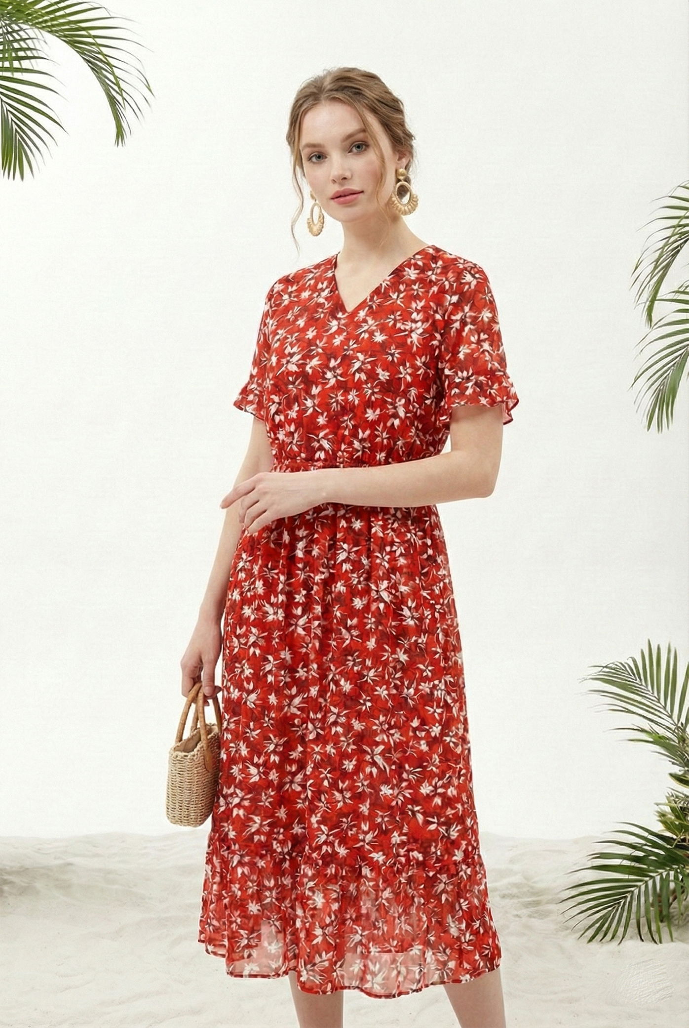 Đầm vải voan dày in hoa lan trắng nền đỏ dáng ôm chân rủ cổ V tay ngắn thiết kế MAZANO 1HA1SVA059DO