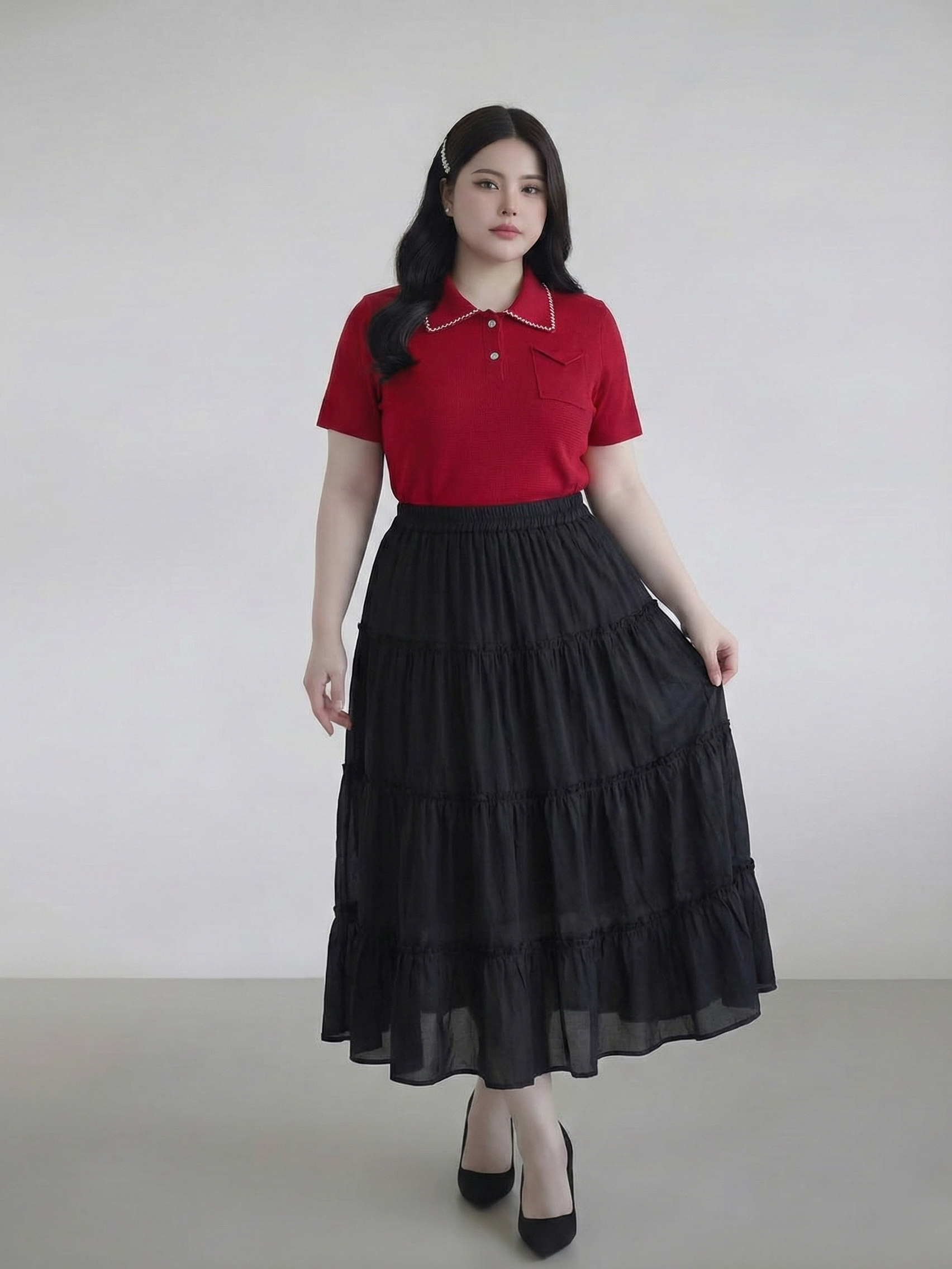 Chân váy dáng dài tầng tơ ánh kim CV321 dành cho nàng béo mập từ 55-90kg