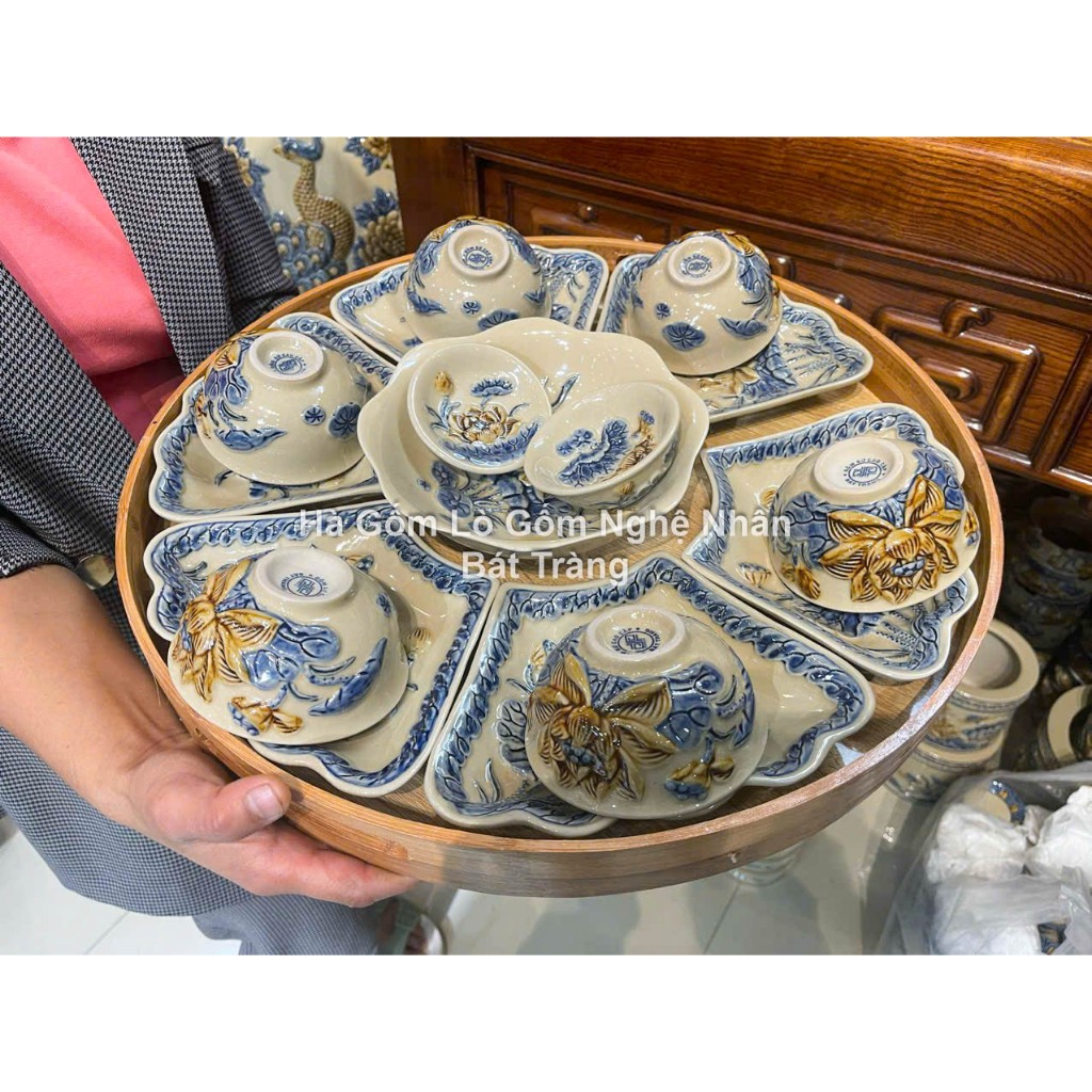 Men Hoàng Thổ Bộ Bát Đĩa Hoa Mặt Trời - Đồ Thờ Cúng Bát Tràng Cao Cấp Nhiều Mẫu 45cm_thumbnail_1