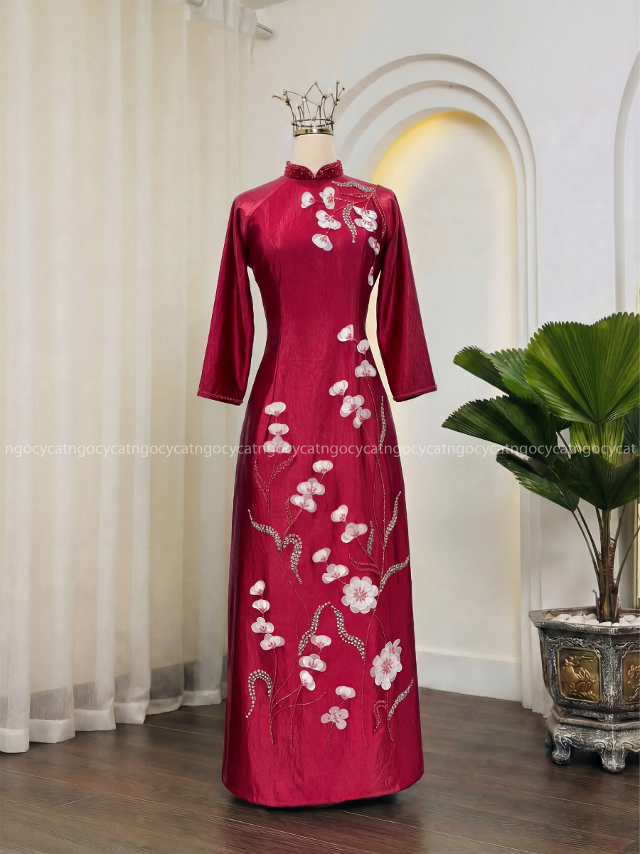 Áo Dài Bà Sui Màu Đỏ Đính Hoa Lan Hồ Điệp
