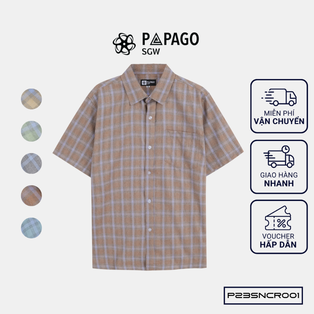 Áo sơ mi nam trung niên PAPAGO tay ngắn lai ngang vải đũi kẻ sọc caro - P23SNCR001_thumbnail_2