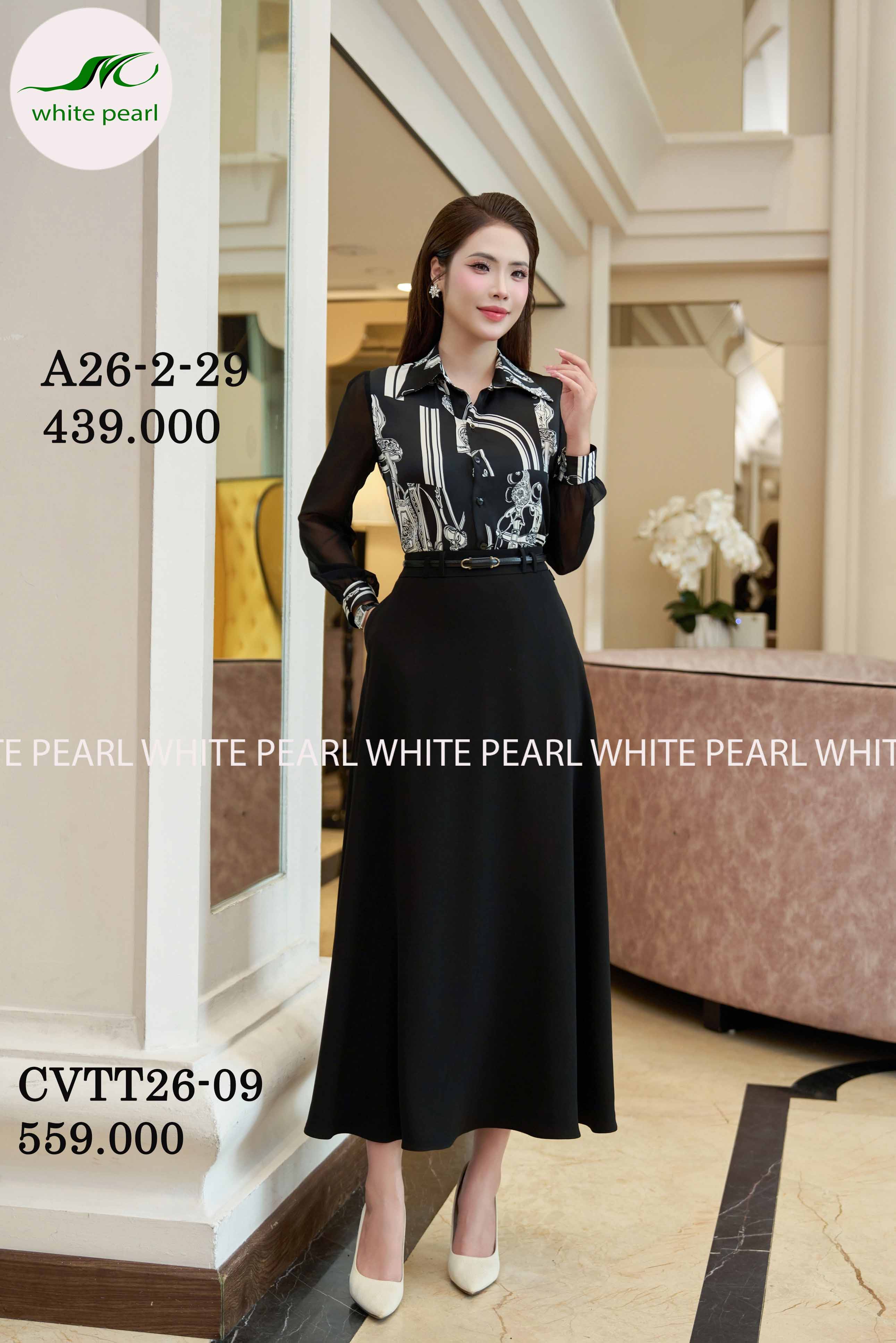 Mẫu áo sơ mi A26-26 kết hợp chân váy CVTT26-09 Chân váy xoè thời trang công sở cao cấp White Pearl