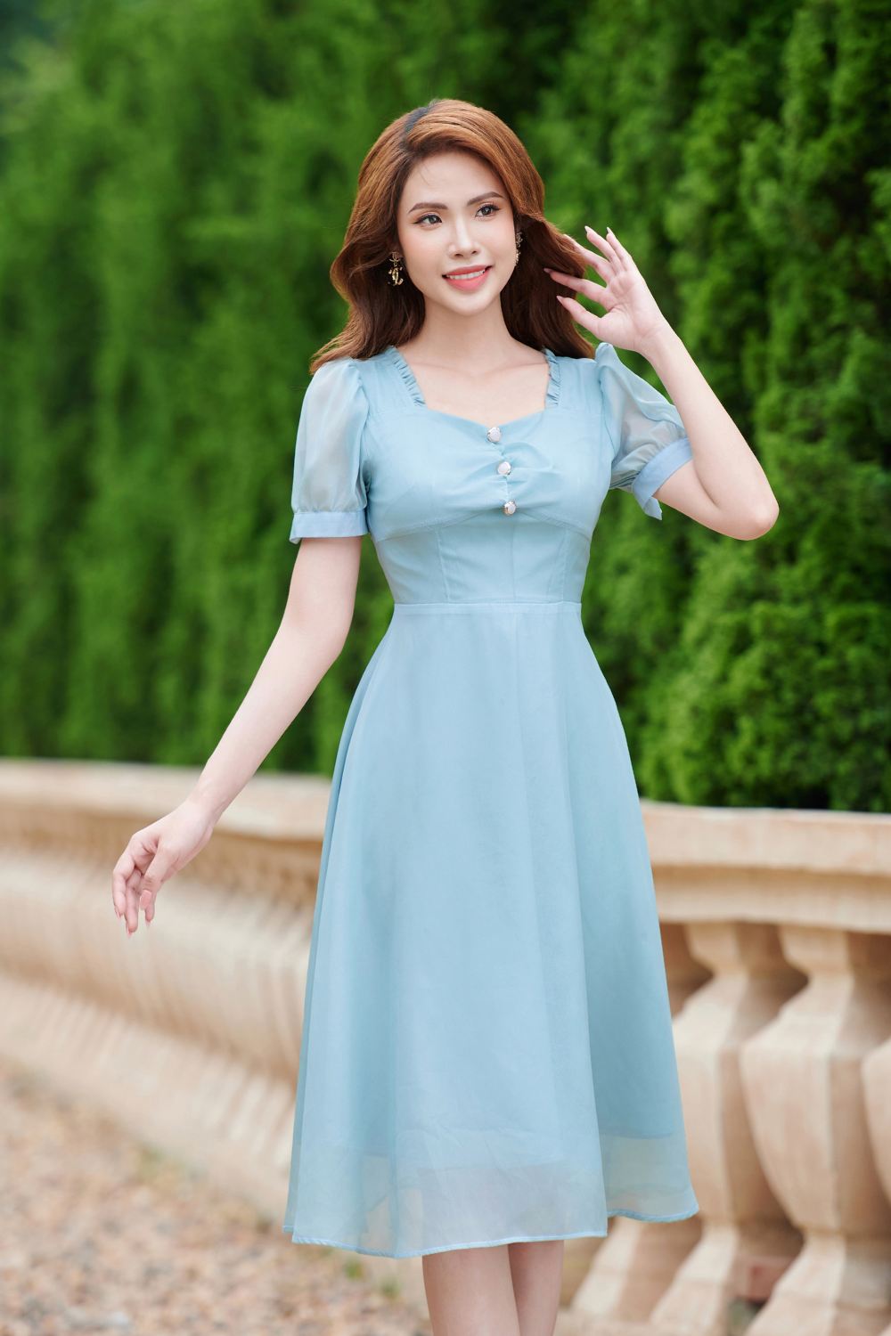 Đầm xoè xanh cổ vuông nhún_thumbnail_2