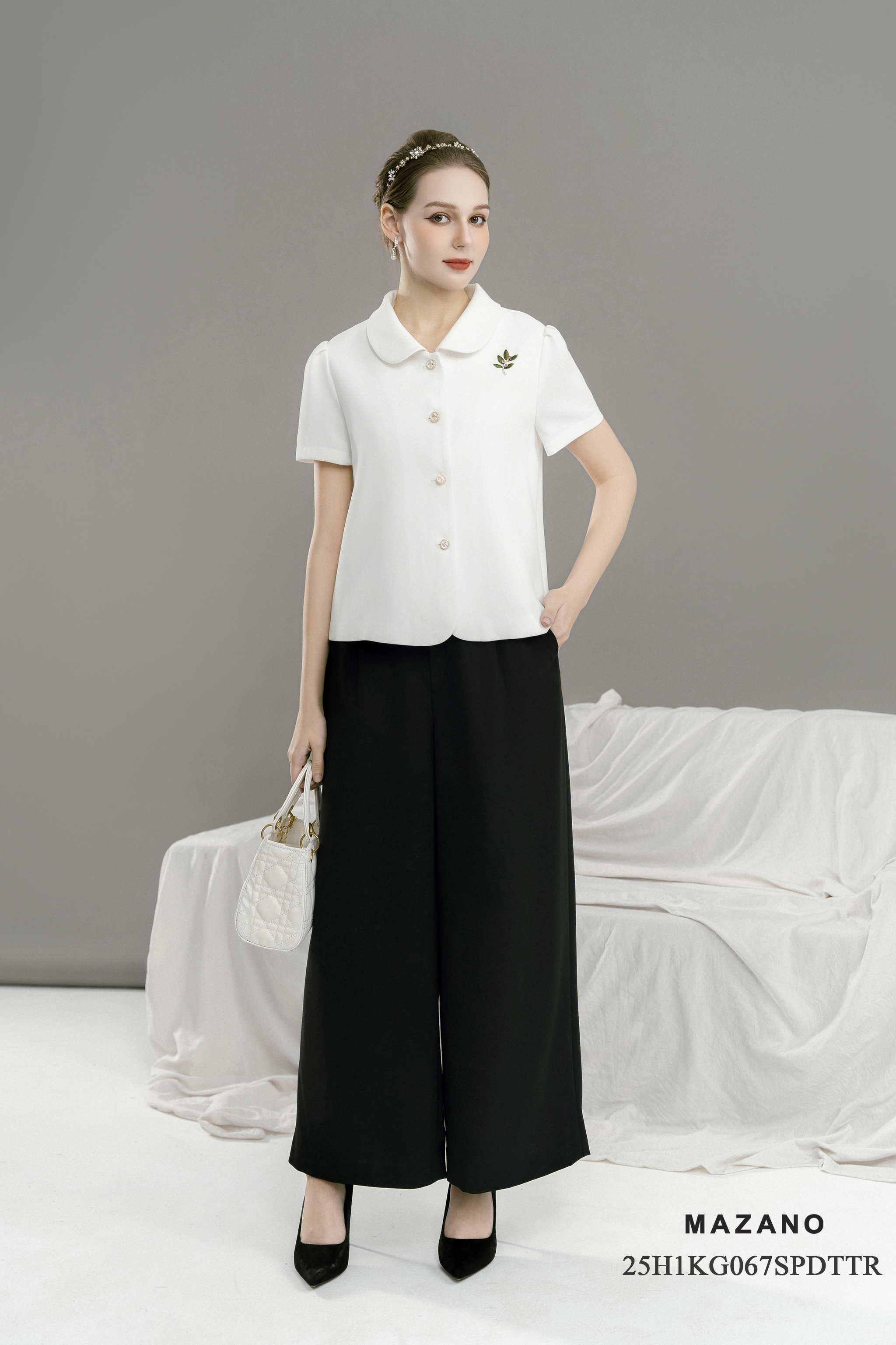 Áo Ký Giả suông Vải thô Đính trang trí ngực Cổ bẻ cách điệu tay ngắn Dài áo qua eo_thumbnail_2