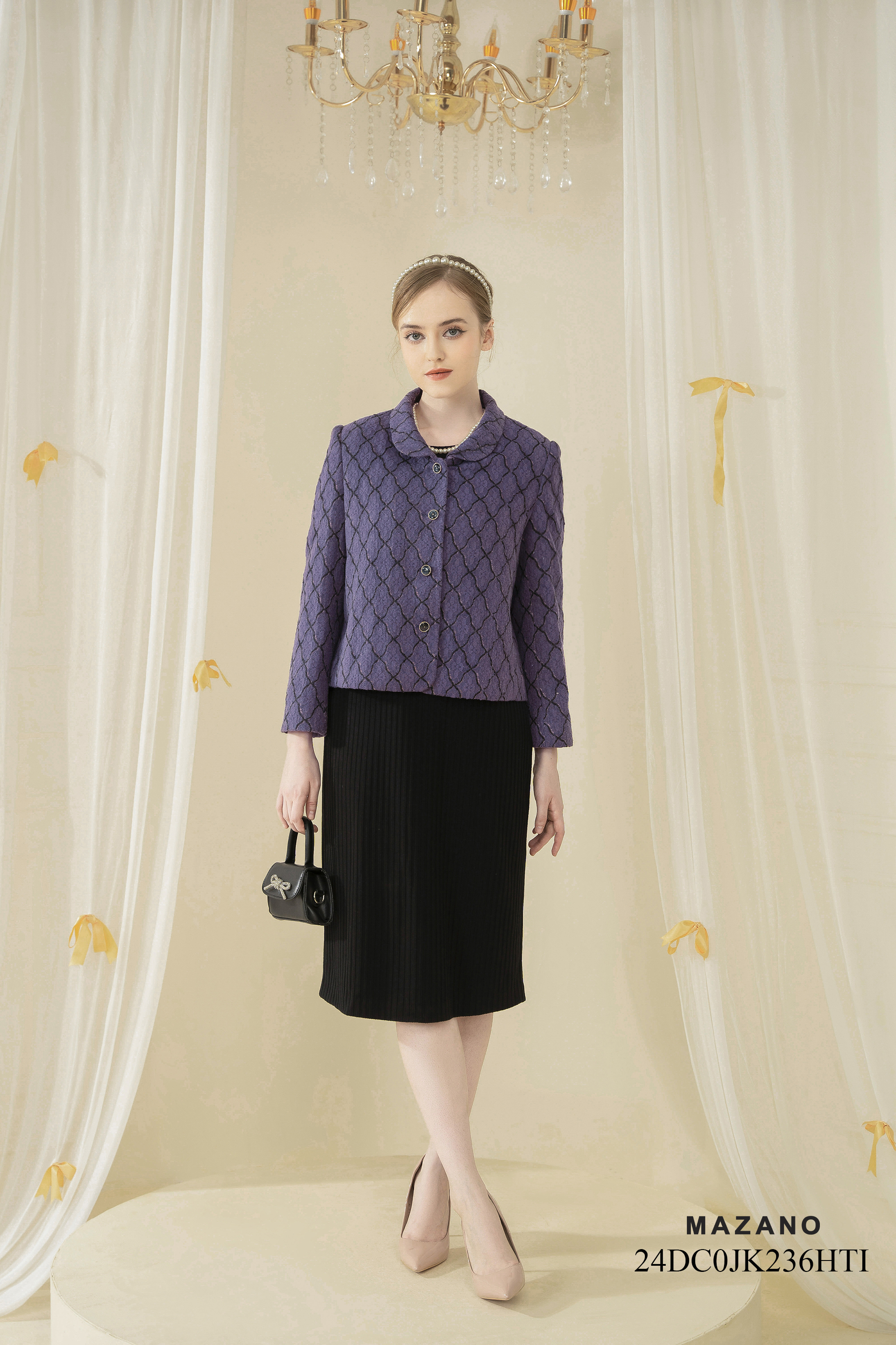 Áo khoác ngắn Suông Vải dạ len cao cấp Họa tiết quả trám Dài dưới eo