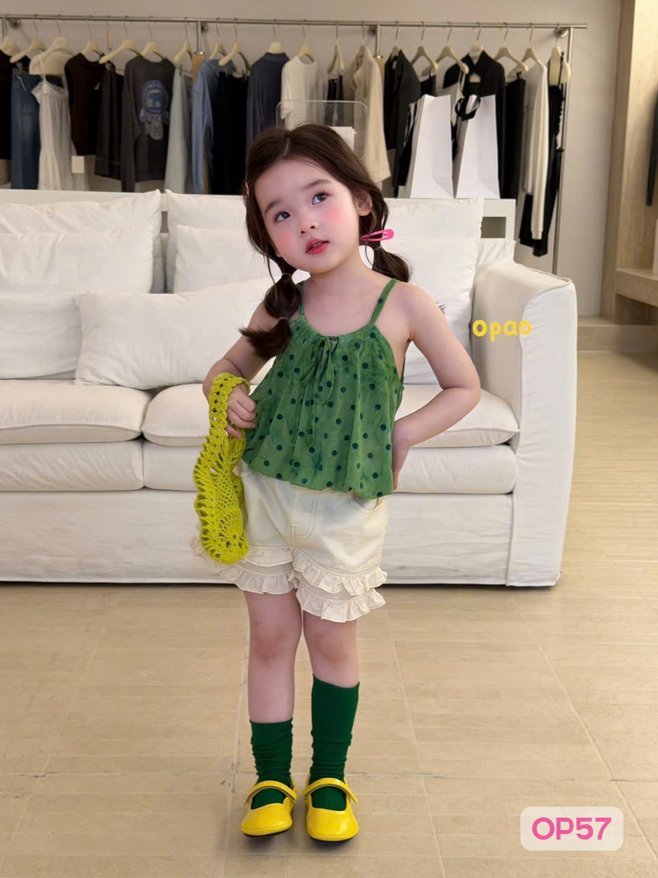 OP57 - Áo voan hai dây xanh lá chấm bi dáng suông hãng Opao