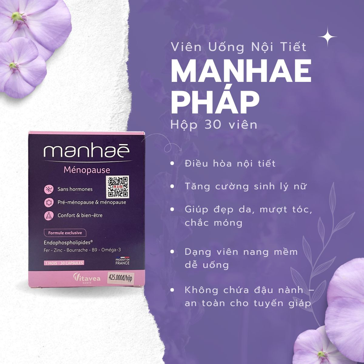 Viên Uống Nội Tiết Manhae Pháp hộp 30 viên điều hòa nội tiết, tăng cường sinh lý nữ, giảm rụng tóc