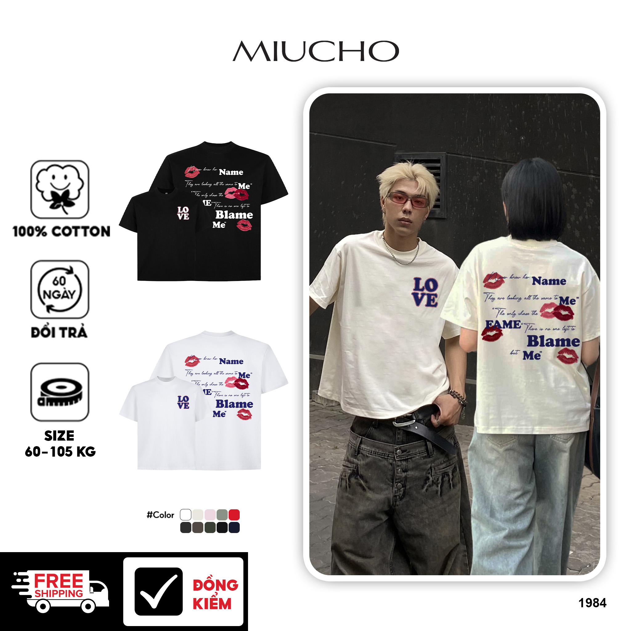 Áo phông đôi nam nữ form boxy 1984 Miucho Club cổ tròn vải cotton 2c 250gsm in mix